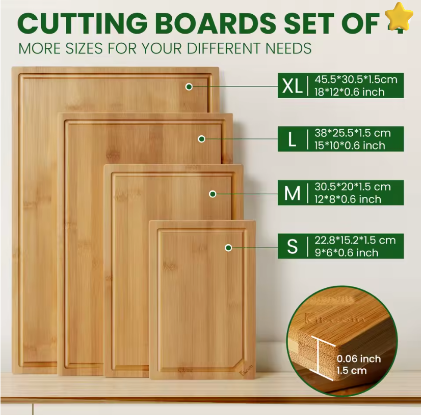 4-piece extra large kitchen bamboo cutting board set